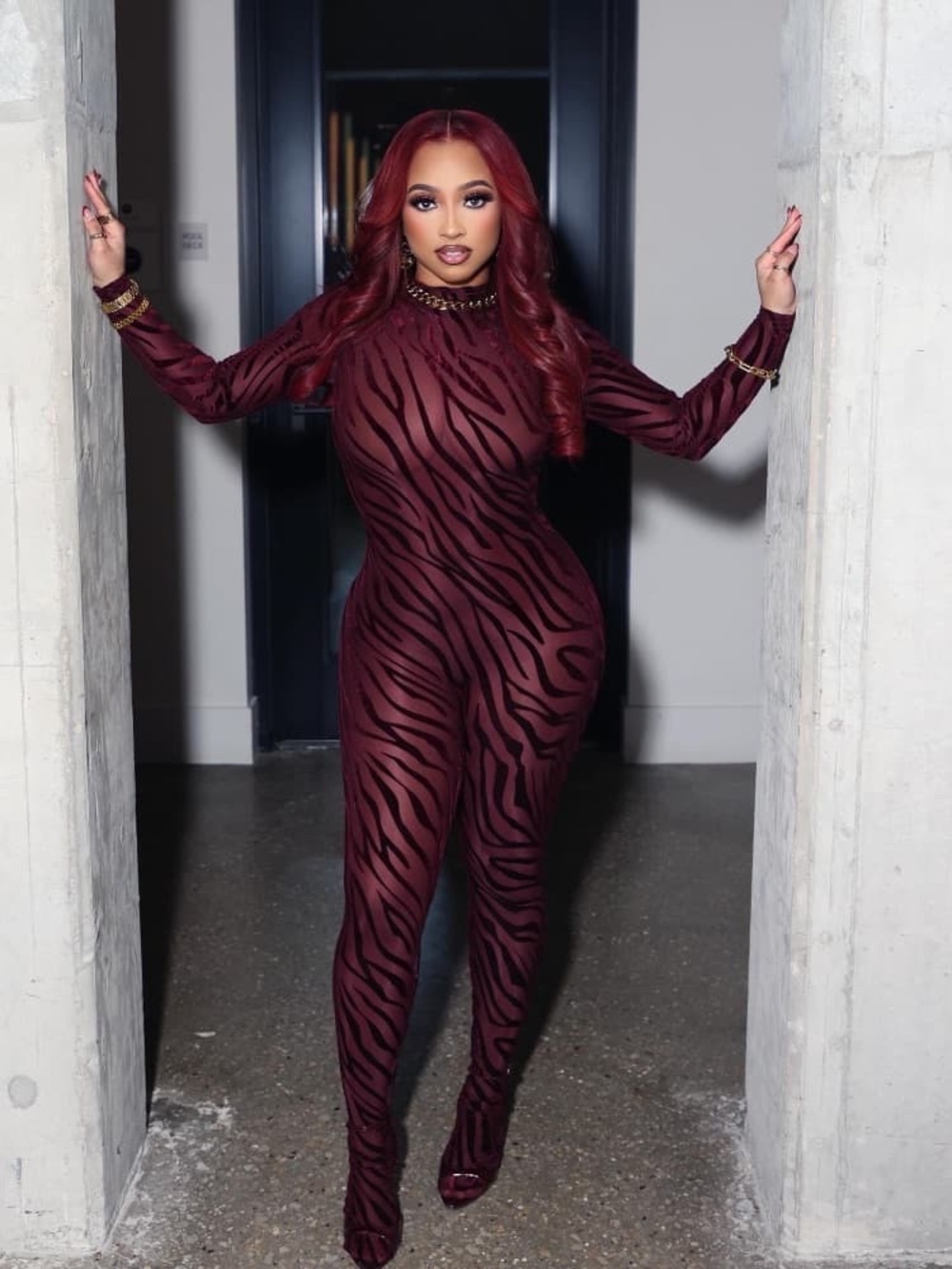 NWT Sz M Naked Wardrobe Burnout Closed Toe Jumpsuit Zebra in Dark Plum Burgundy